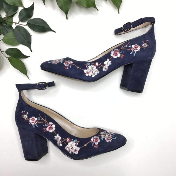 White House Black Market Shoes - WHBM Bethany Blue Suede Cherry Blossom Block Heels